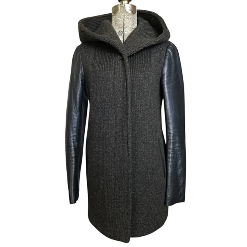 SOIA & KYO MIXED MATERIAL LEATHER AND WOOL HOODED JACKET SIZE SMALL